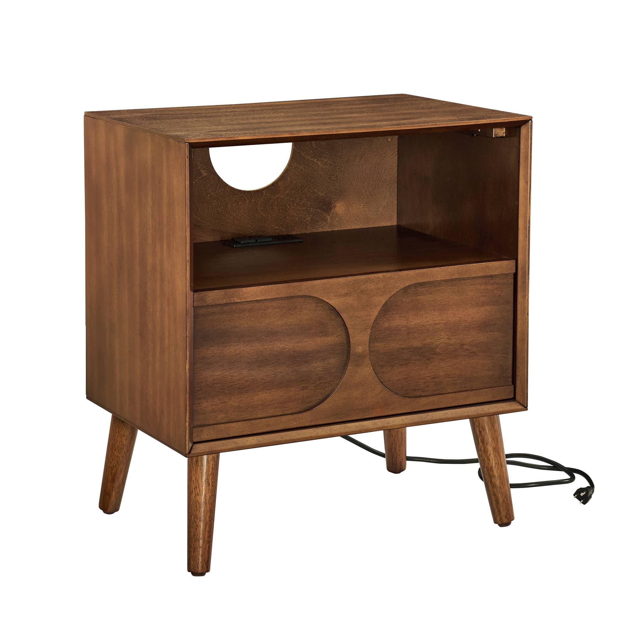 Front. Spaco - Spaco Mid Century Modern Nightstand with Charging Station, Fluted Design, USB Ports, Outlet, Drawer and Open Shelf - Walnut Brown.