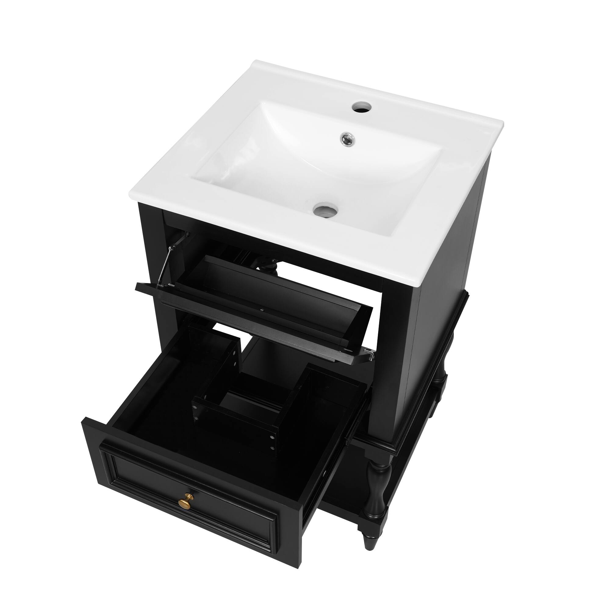 Alt View 1. Whisen - 20 Inch Retro Bathroom Vanity with Ceramic Sink 2-Drawer Storage Cabinet and Open Shelf for Home - Black.