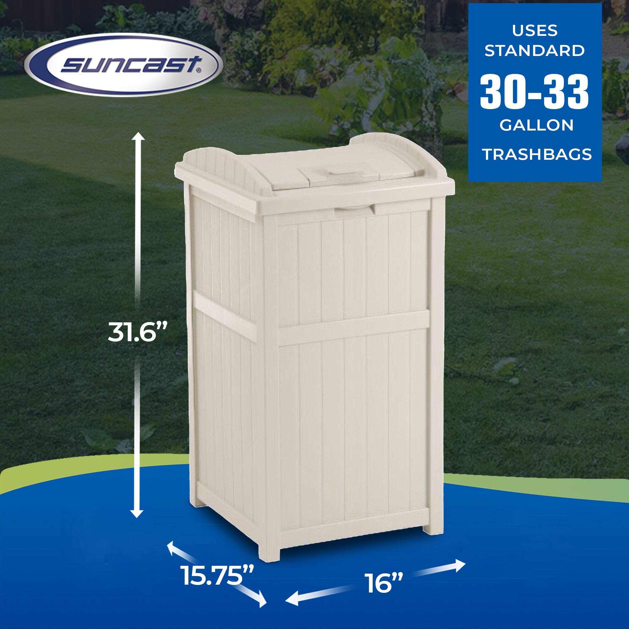 Suncast uses standard 30-33 gallon trashbags.  
Dimensions: 31.6" (height), 15.75" (width), 16" (depth).