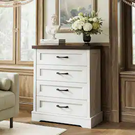 AODK - Farmhouse Dresser with 4 Drawers, Sturdy Storage Chest for Bedroom, Hallway, Closet - Walnut+white