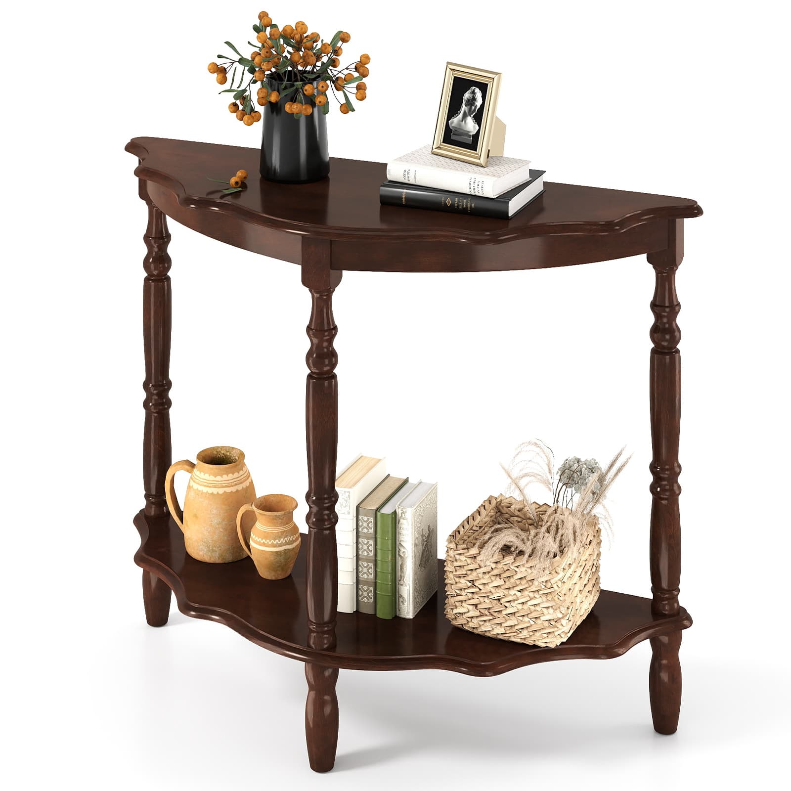 Gymax - 42 Inch Half Moon Console Table w/Shelf & Rubber Wood Legs for Entrance Hallway - Brown