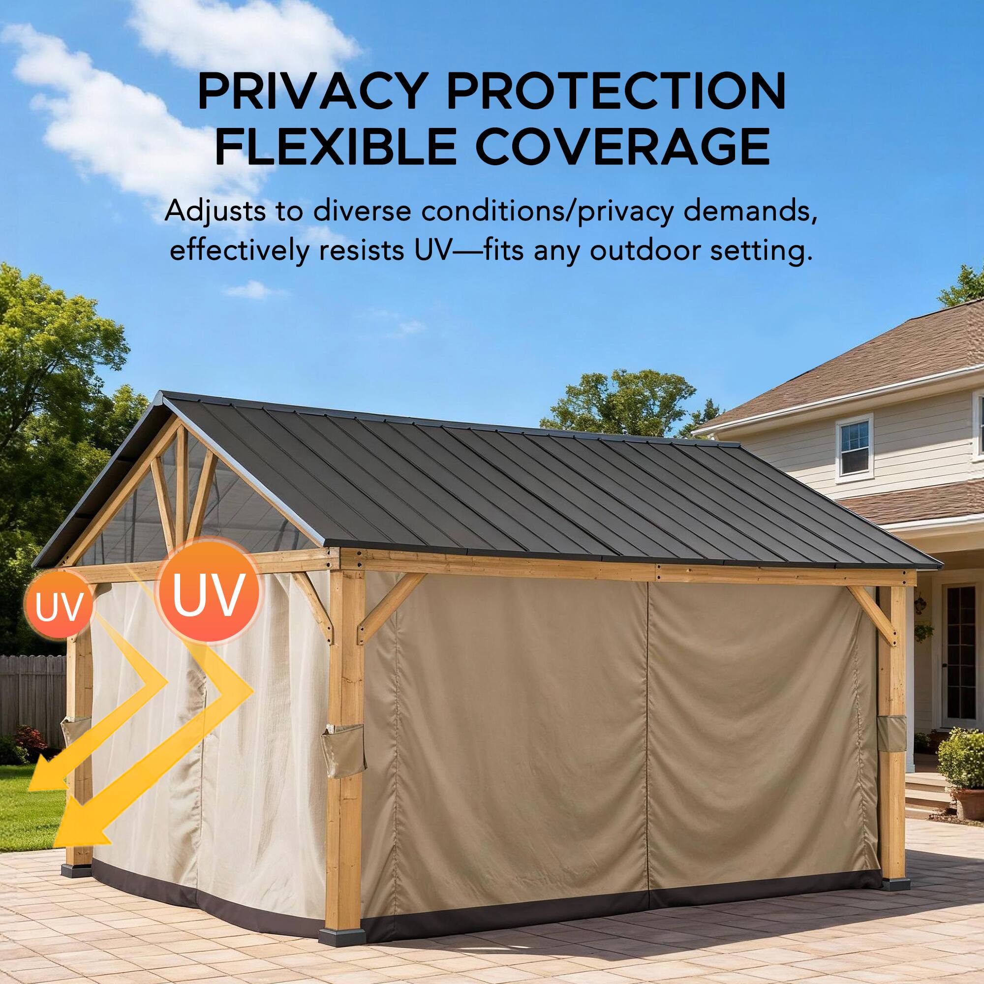 PRIVACY PROTECTION FLEXIBLE COVERAGE  
Adjusts to diverse conditions/privacy demands, effectively resists UV—fits any outdoor setting.