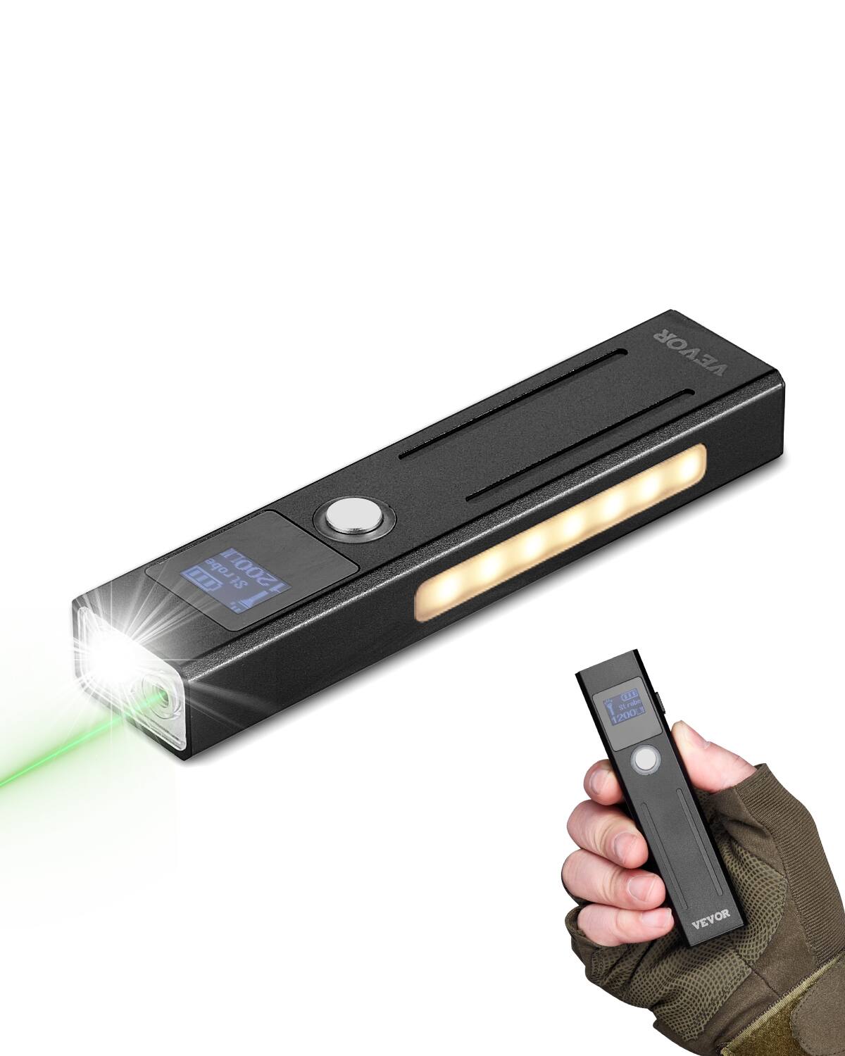 VEVOR - EDC Flat Flashlight, 3-in-1 High Lumens LED Flashlight with Green Beam, IPX4 Waterproof Rechargeable Flash Light - Black