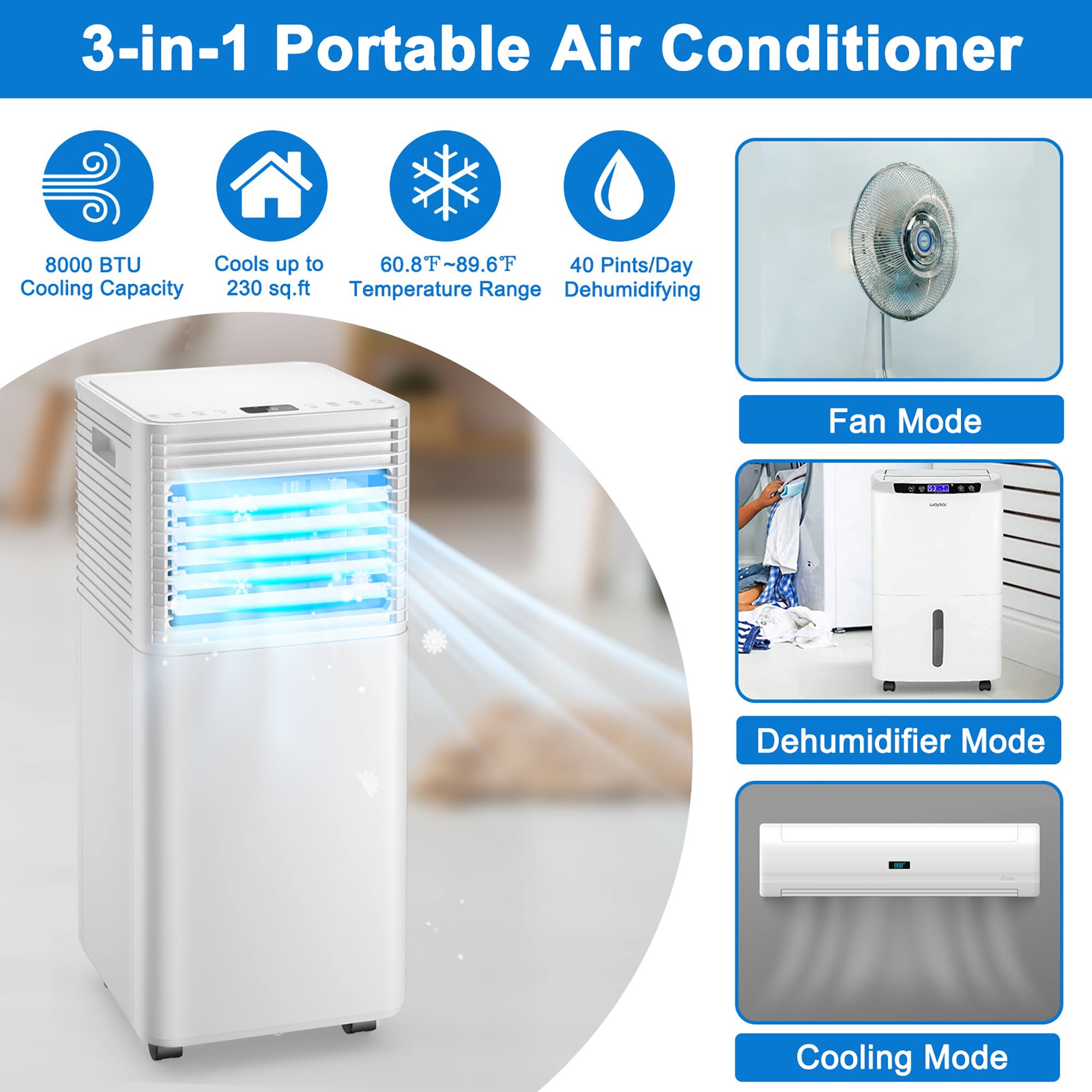 3-in-1 Portable Air Conditioner 8000 BTU Cools up to 60.8F-89.6F 40 Pints/Day Cooling Capacity 230 sq.ft Temperature Range Dehumidifying Fan Mode L Dehumidifier Mode Cooling Mode