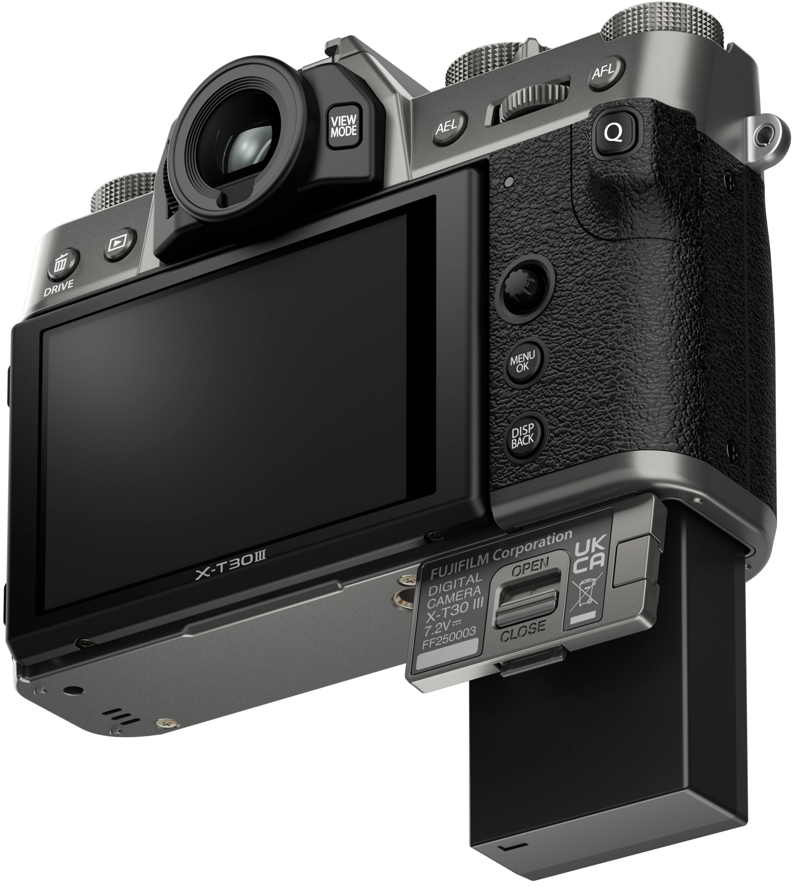 AFL VIEW MODE AEL 1 DRIVE C MENU OK DISP BACK -X Corporation UK FUJIFILM OPEN CA CAMERA DIGITAL III X-T30 III 7.2V= 7. CLOSE FF250003