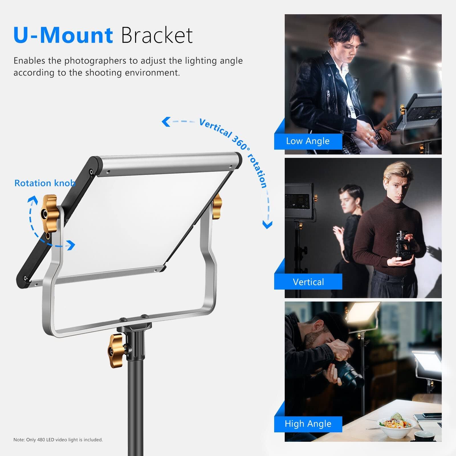 U-Mount Bracket  
Enables the photographers to adjust the lighting angle according to the shooting environment.  

Rotation knob  
Vertical 360° rotation  

Low Angle  
Vertical  
High Angle  

Note: Only 480 LED video light is included.