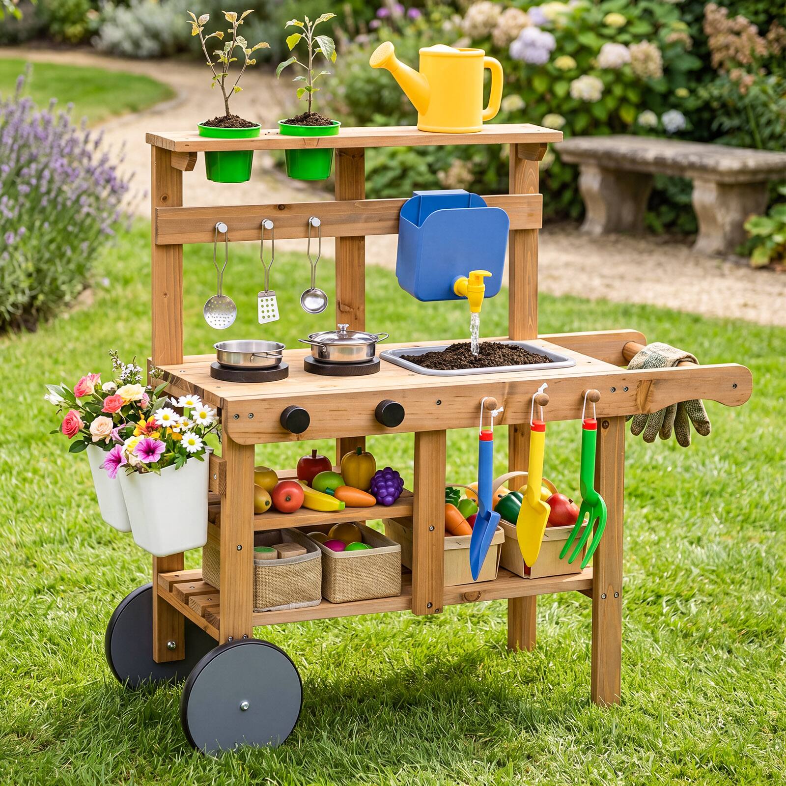 Alt View 1. Costway - Costway Mud Kitchen for Kids with Wheels, Removable Sink, Cooking and Gardening Accessories - Natural.