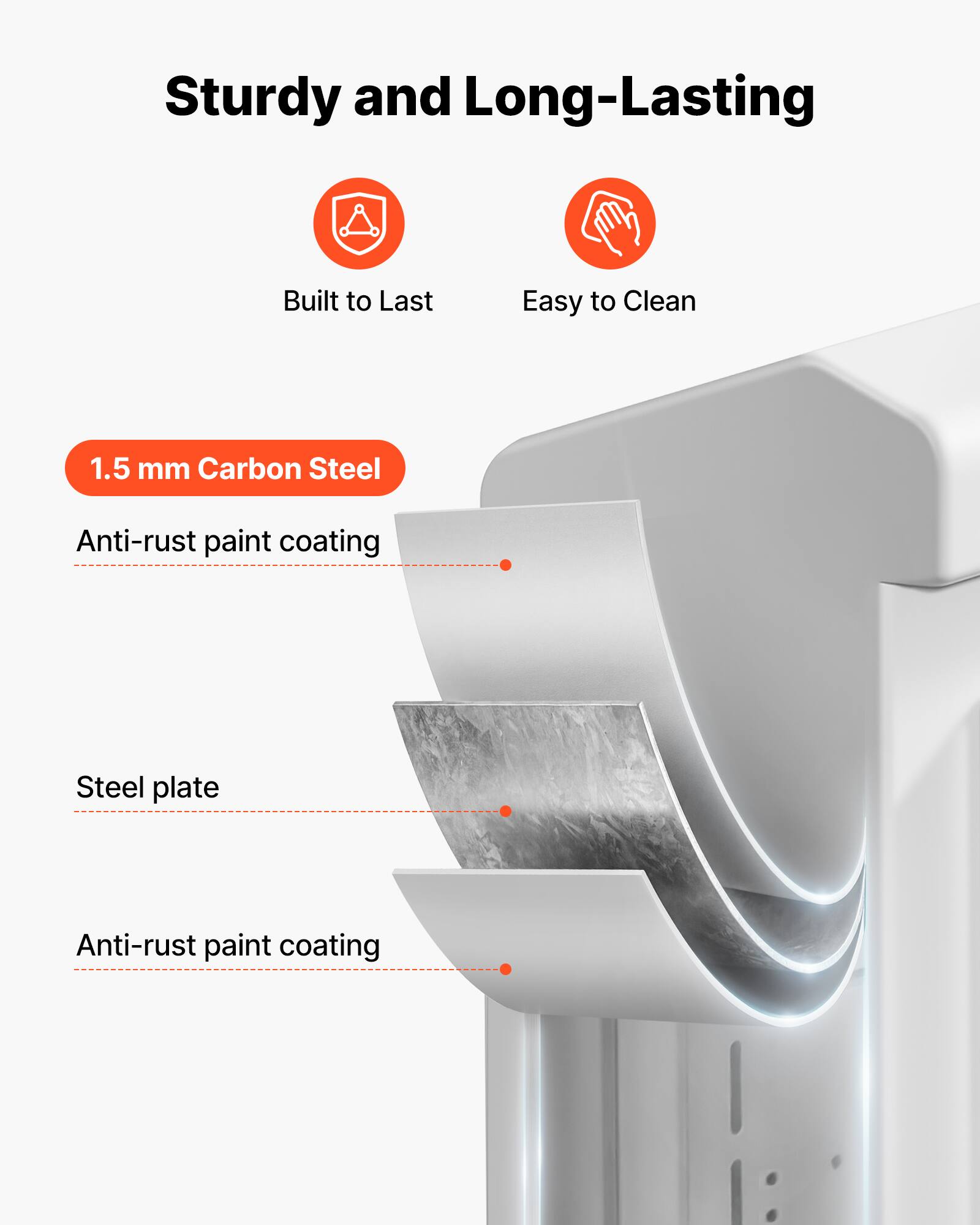 Sturdy and Long-Lasting  
Built to Last  
Easy to Clean  
1.5 mm Carbon Steel  
Anti-rust paint coating  
Steel plate  
Anti-rust paint coating