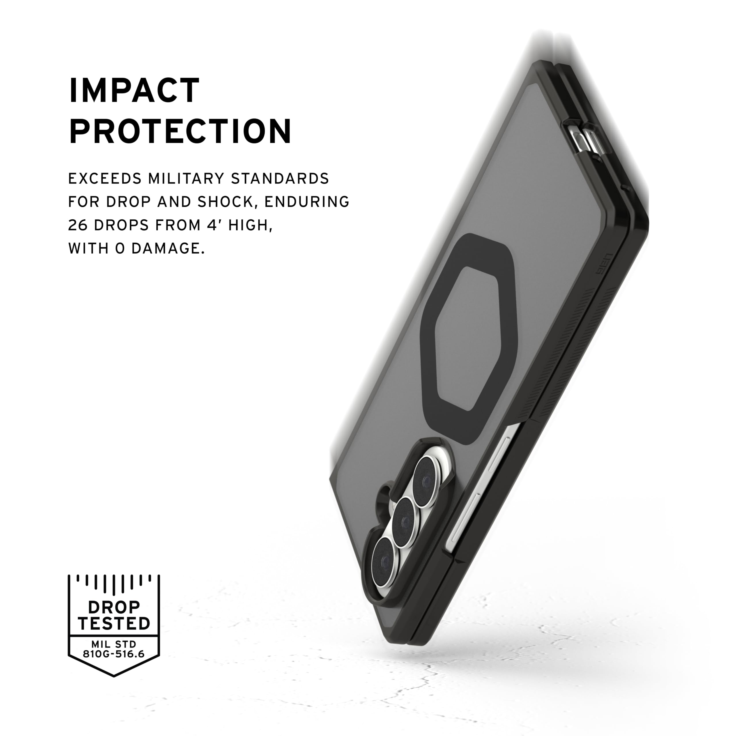 IMPACT PROTECTION

EXCEEDS MILITARY STANDARDS FOR DROP AND SHOCK, ENDURING 26 DROPS FROM 4' HIGH, WITH 0 DAMAGE.

LEG 0 DROP TESTED MIL STD 810G-516.6