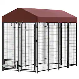 Pawhut - Dog Kennel with Rotating Bowl Holders, Walk-in Pet Playpen with Waterproof Cover - Red