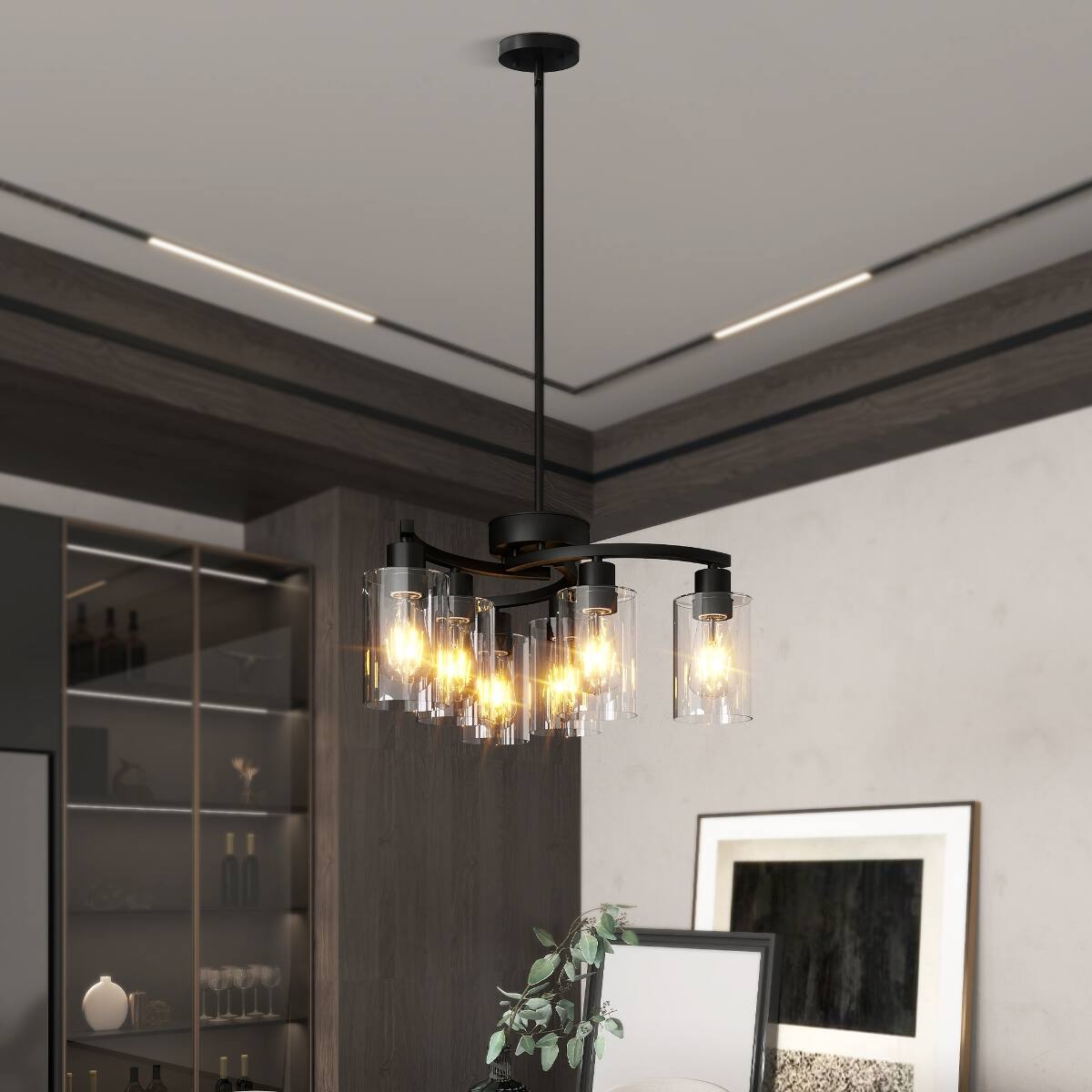Alt View 1. Loheer - Loheer 6-Light Black Chandelier with Clear Glass Shades, Adjustable Dining Room Light Fixture.