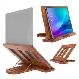 HongFei - Vertical Laptop Stand Holder for MacBook Dell HP | Dual Dock Slots | Plastic-Free | (Indian Rosewood) - Medium-Sheesham Wood