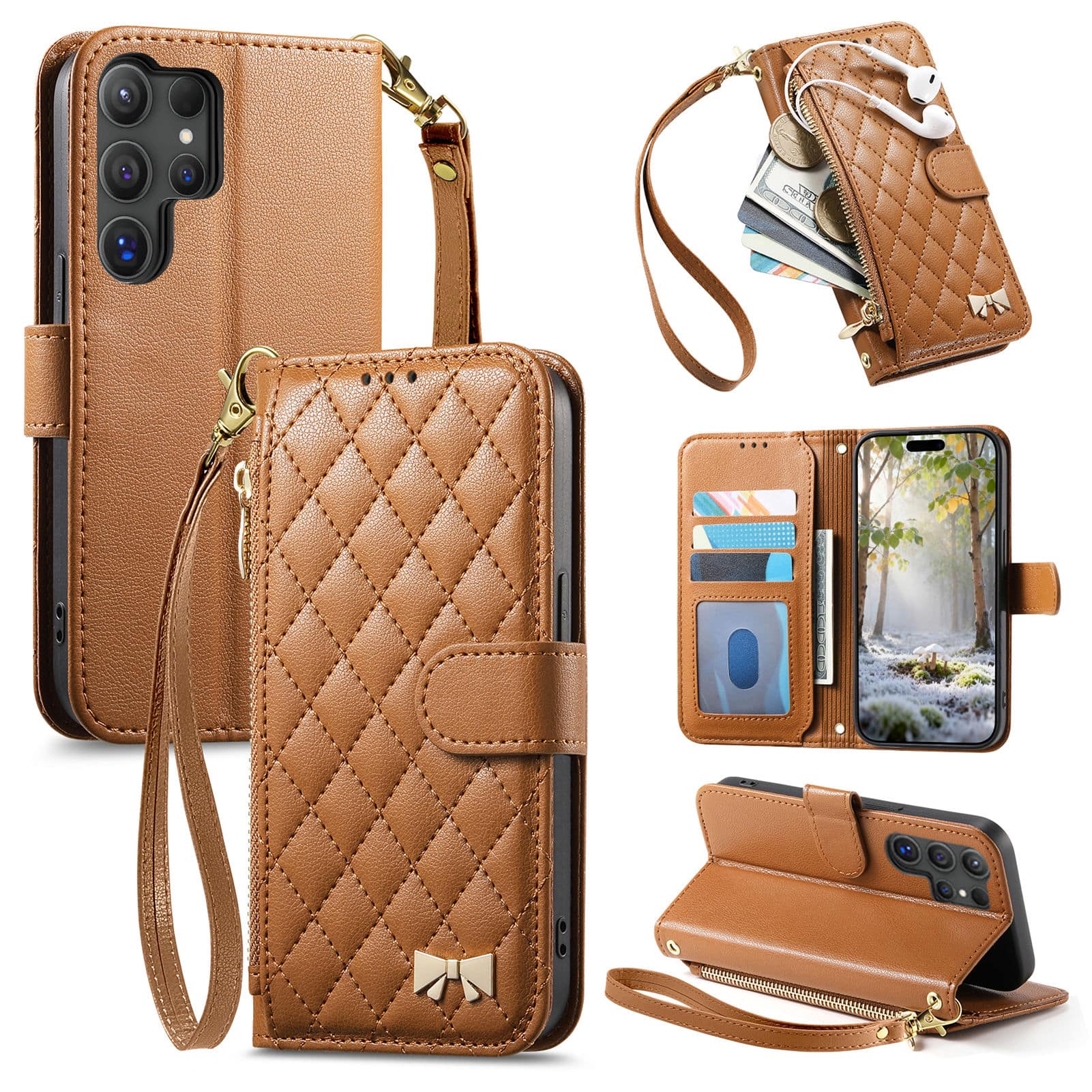 Dteck - Zipper Wallet Case for Samsung Galaxy S25 Ultra,PU Leather Flip Cover with Wrist Strap,Magnetic Snap Shockproof Case - Brown
