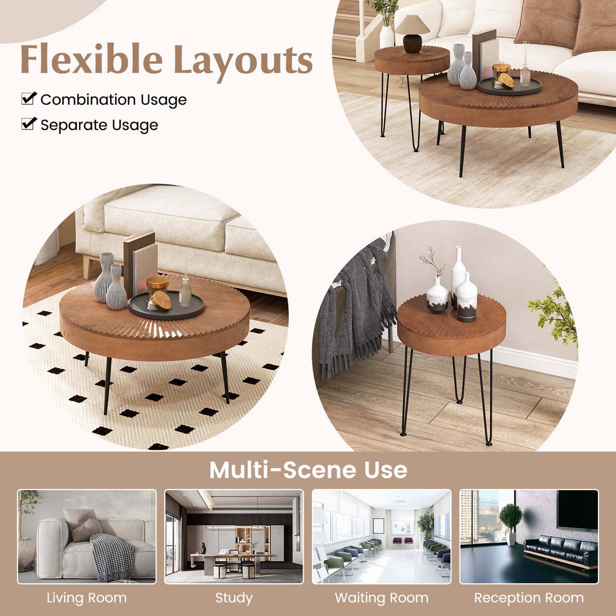 Flexible Layouts Combination Usage: The image showcases a living room with a couch, a coffee table, and a potted plant. It also features a study area with a desk and a chair.

Separate Usage: The image displays a living room with a couch, a coffee table, and a potted plant. Additionally, there is a separate waiting room with a couch and a potted plant.

Multi-Scene Use: The image presents a living room with a couch, a coffee table, and a potted plant. It also shows a reception room with a couch, a coffee table, and a potted plant.