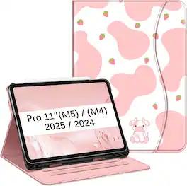 Fintie - Case for iPad Pro 11-inch (M5) 2025 / (M4) 2024 Multi-Angle Viewing Folio Stand Protective Cover with Pocket - Strawberry Cow