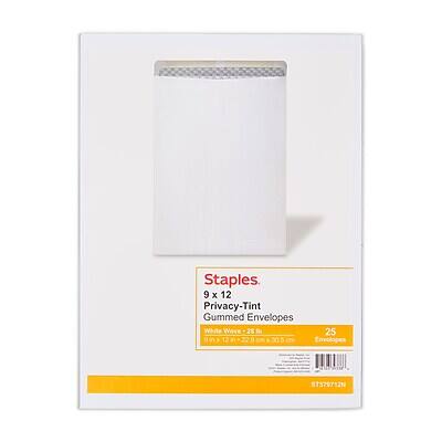 Staples  
9 x 12 Privacy-Tint Gummed Envelopes  
White Wove  
25 Envelopes  
8.5 in x 12 in (21.6 cm x 30.5 cm)  
5T579712N