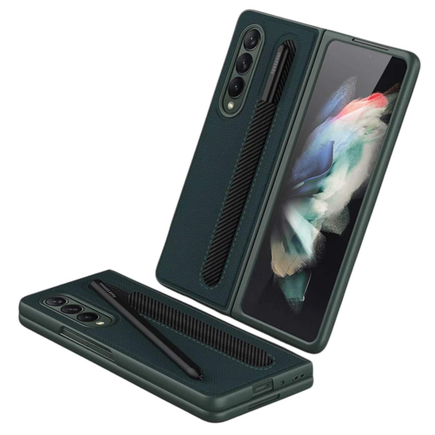Stock Preferred - Shockproof Slim Leather Case with S Pen Holder for Samsung Galaxy Z Fold 3 5G – Ultra Slim Protective Cover - Dark Green
