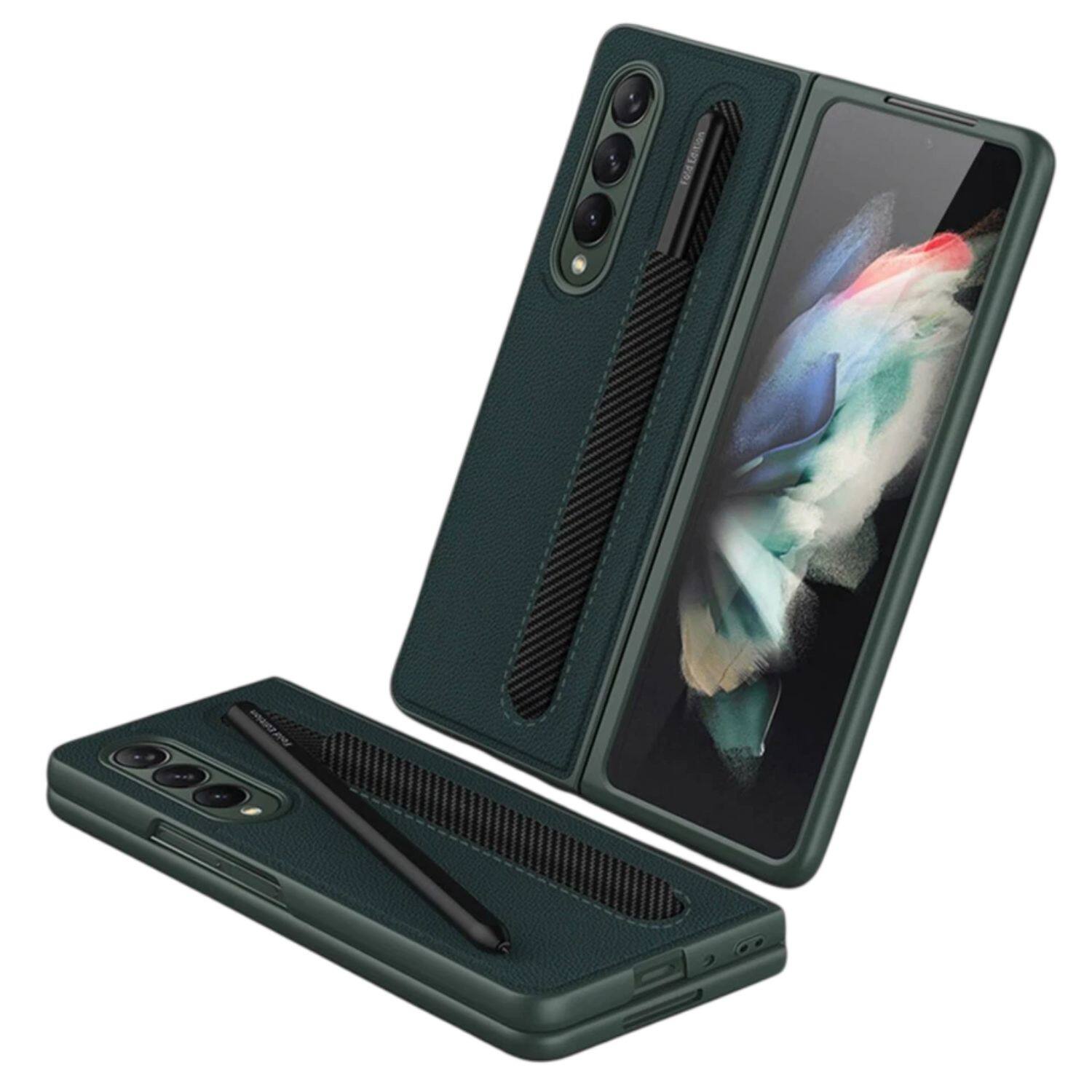 Front. Stock Preferred - Shockproof Slim Leather Case with S Pen Holder for Samsung Galaxy Z Fold 3 5G – Ultra Slim Protective Cover - Dark Green.