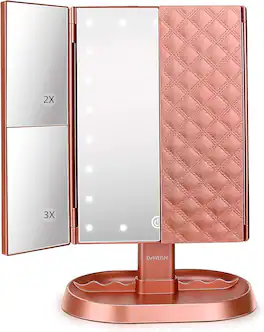 Stamp n Camp - Trifold Lighted Vanity Makeup Mirror with 21 LEDs Lights,1x/2x/3x Magnification and Touch Screen Dimming - Rose Gold