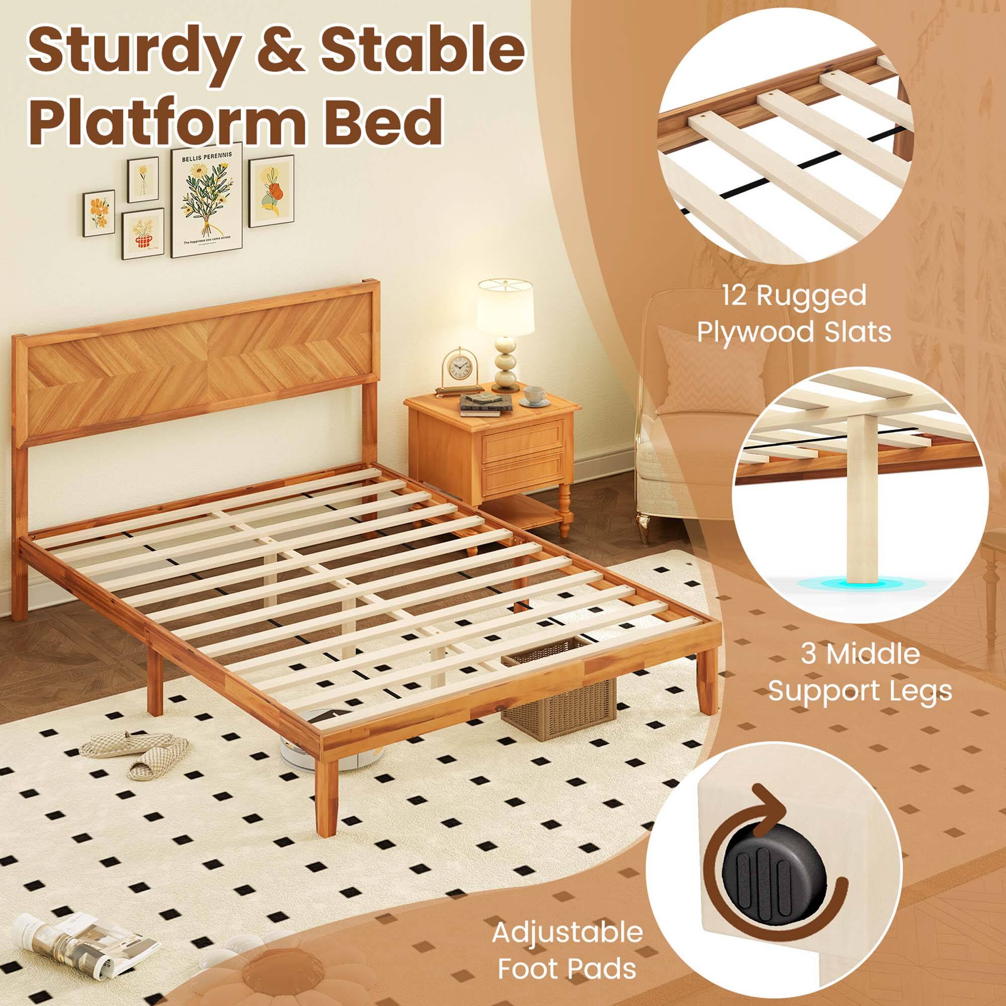 Sturdy & Stable Platform Bed

- 12 Rugged Plywood Slats
- 3 Middle Support Legs
- Adjustable Foot Pads