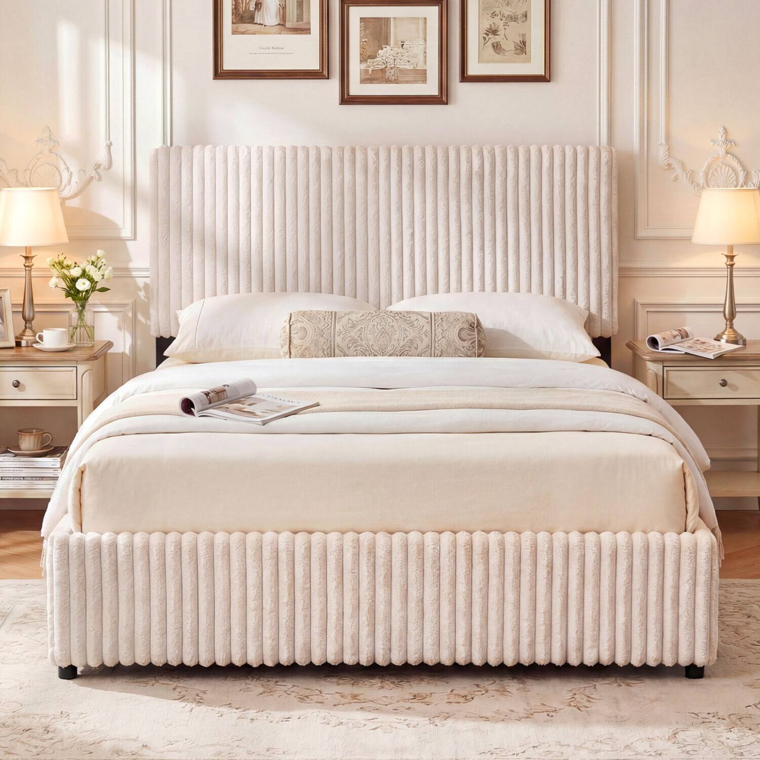 Alt View 2. LUCKY ONE - Queen Assembled Lift-up Storage Bed with Corduroy Upholstered Headboard Wooden Slats 600 lbs - Beige.