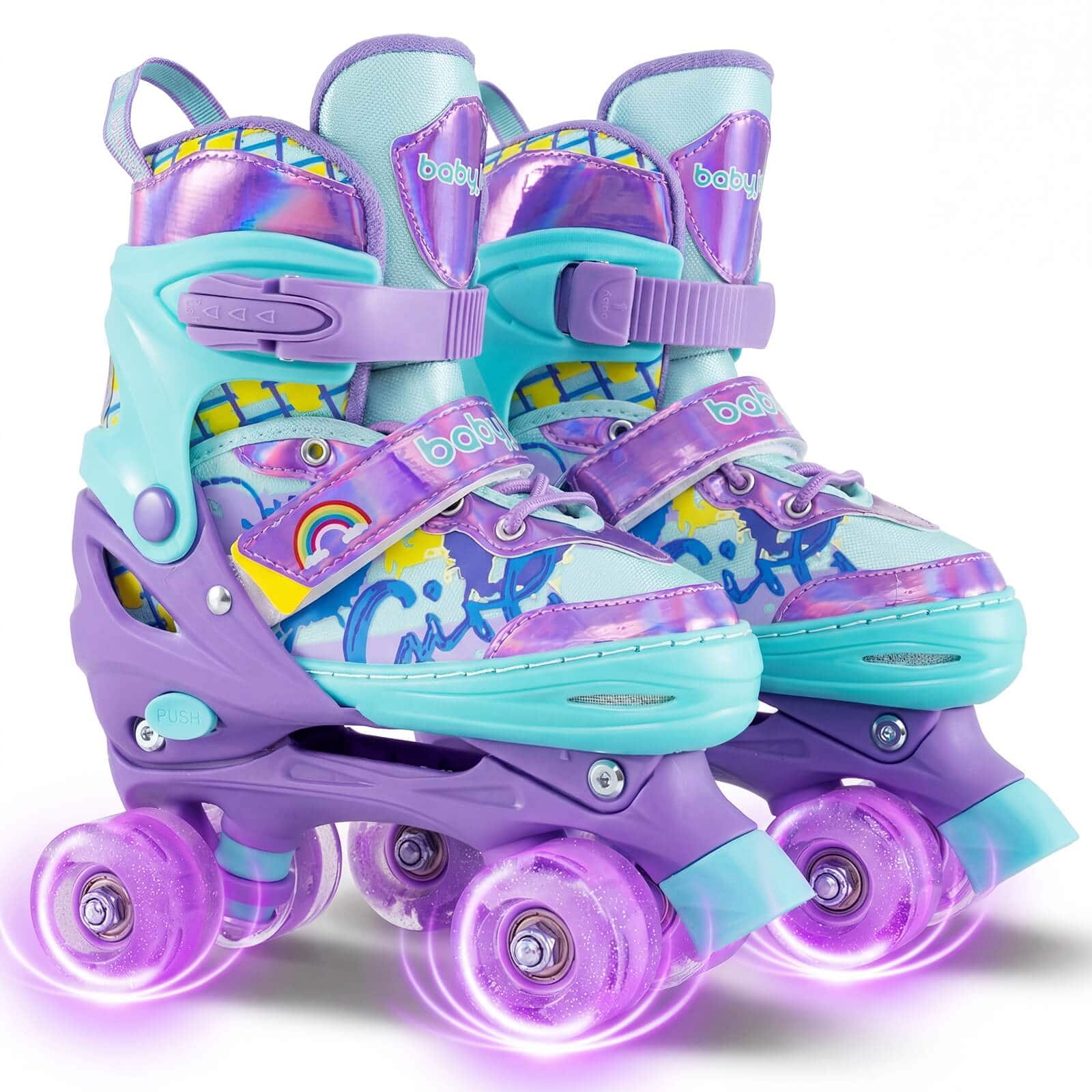Costway - 4 Sizes Adjustable Quad Skates with Light-up Wheels&Safety Protection for Beginners 1-4 - Purple