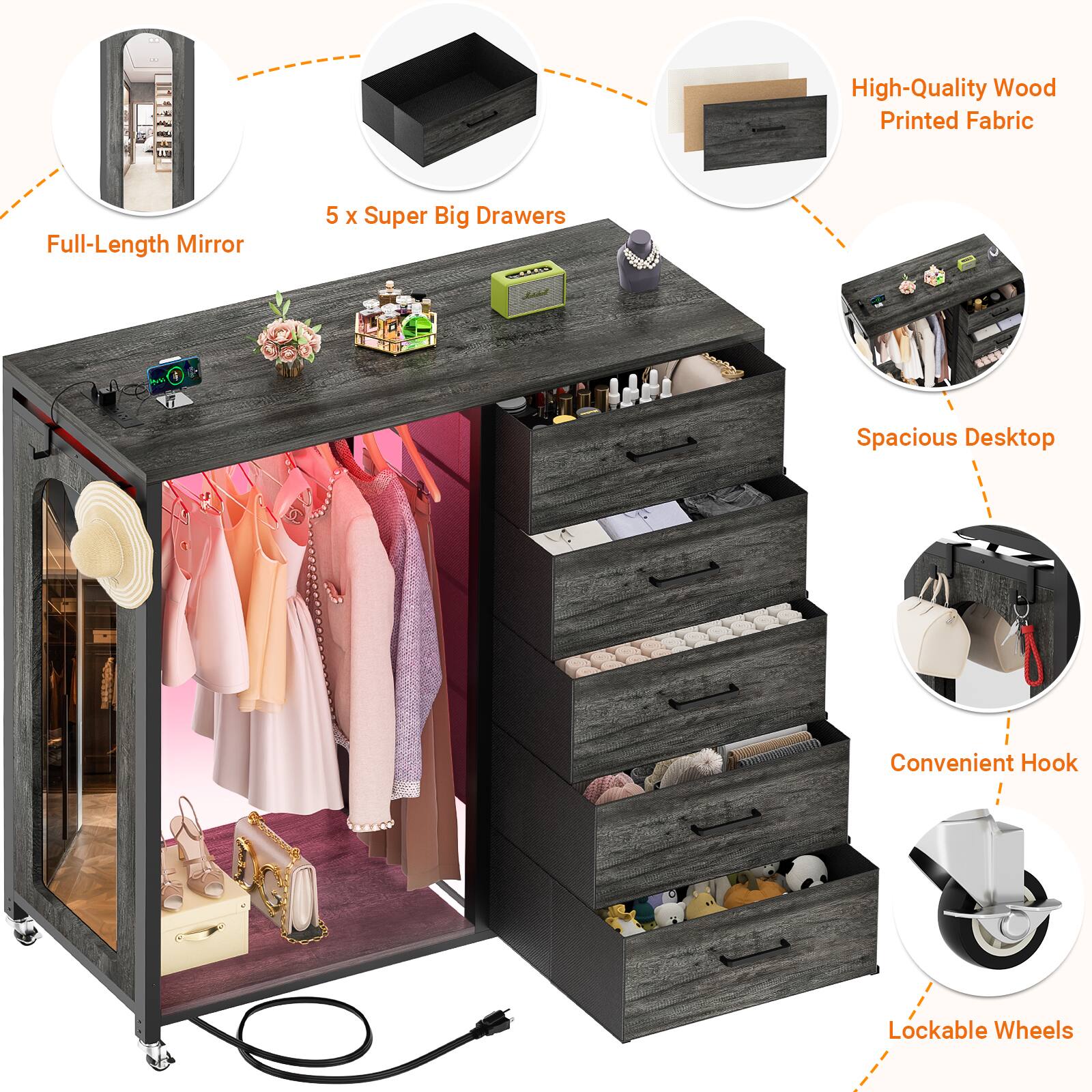 - High-Quality Wood Printed Fabric
- Full-Length Mirror
- 5 x Super Big Drawers
- Spacious Desktop
- Convenient Hook
- Lockable Wheels