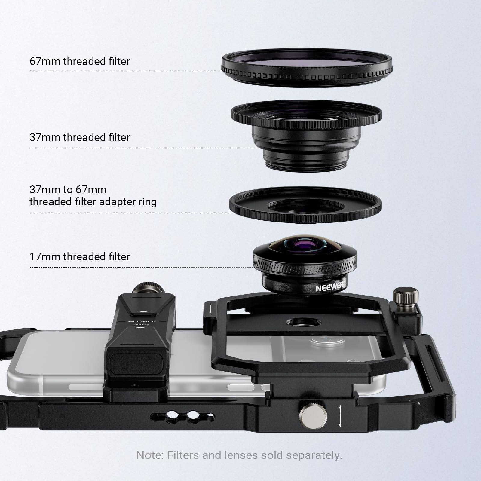 67mm threaded filter  
37mm threaded filter  
37mm to 67mm threaded filter adapter ring  
17mm threaded filter  

NEEWER  

Note: Filters and lenses sold separately.