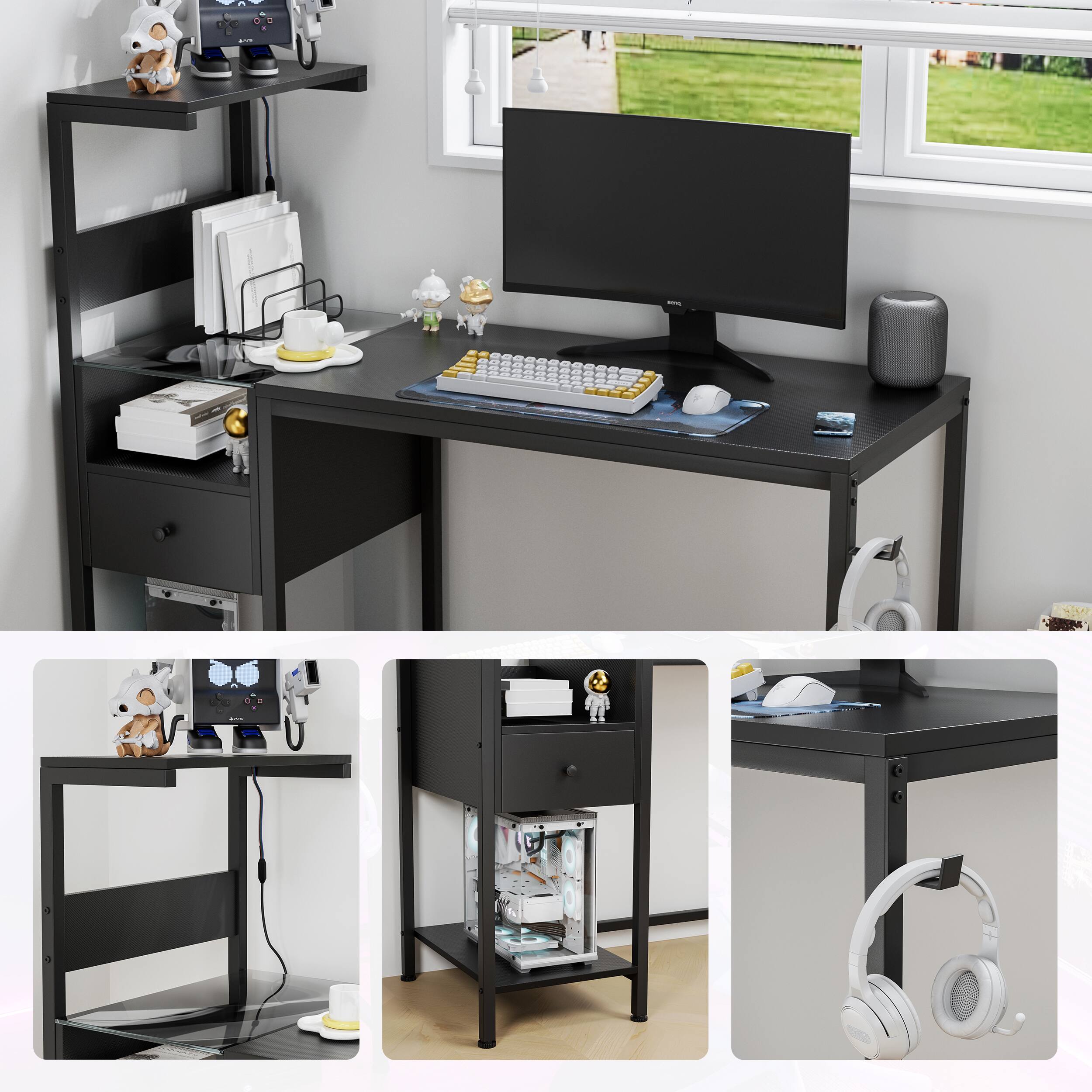 Alt View 5. Spaco - Spaco Computer Desk with USB Charging Station, Power Outlet Storage Shelf, for Home Office - Black.