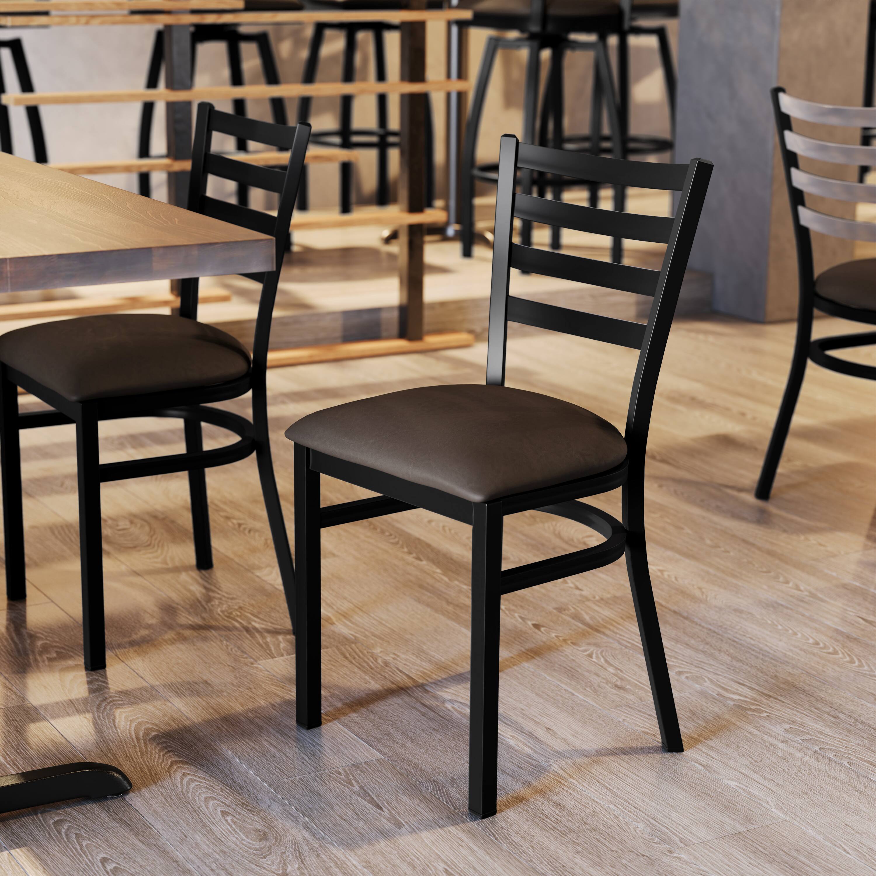 Alt View 5. Emma + Oliver - 4 Pack Ladder Back Metal Restaurant Chair - Upholstered Seat - Mocha Vinyl Seat/Black Metal Frame.