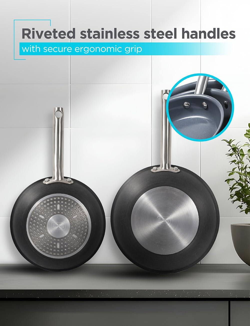 Riveted stainless steel handles with secure ergonomic grip