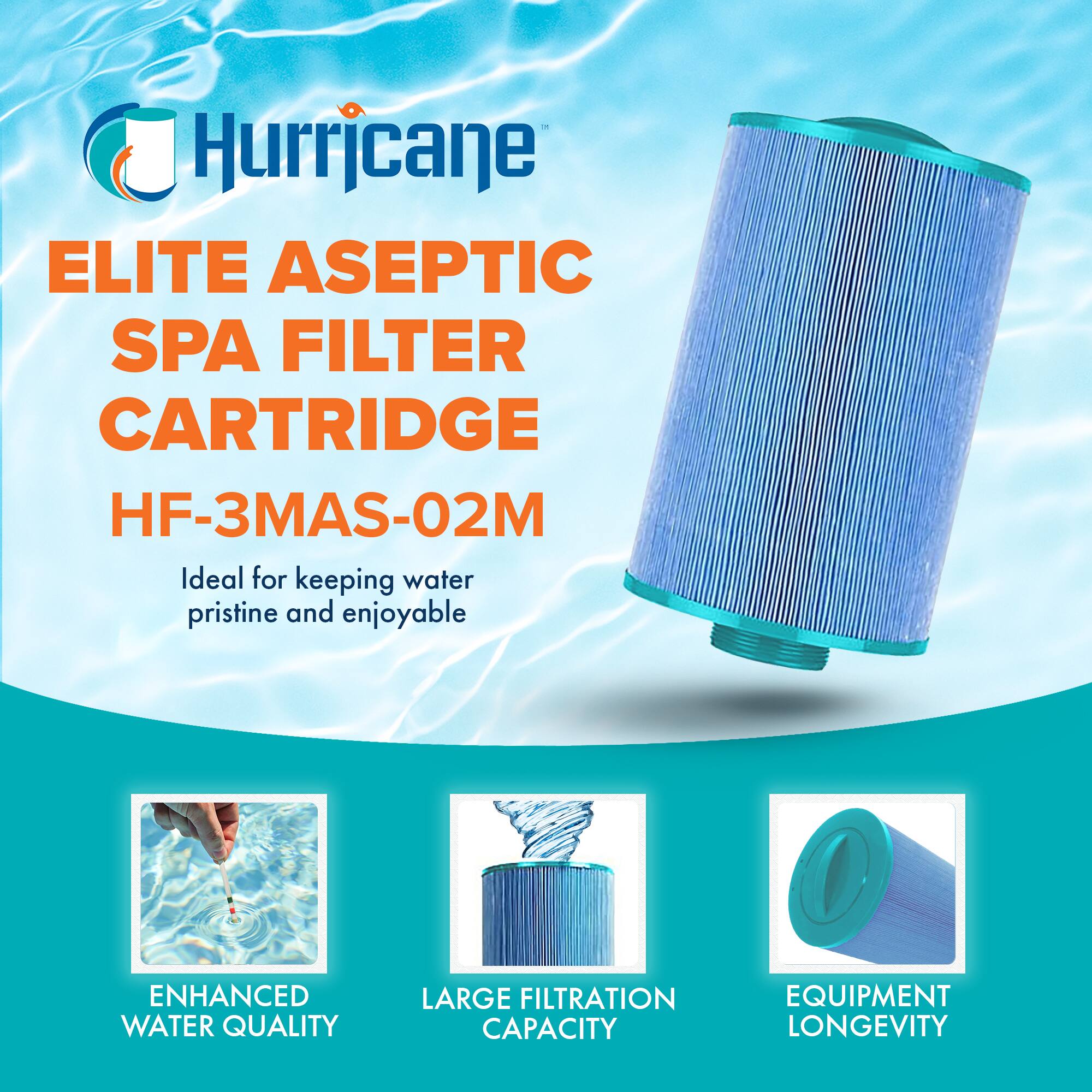 Hurricane ELITE ASEPTIC SPA FILTER CARTRIDGE HF-3MAS-02M  
Ideal for keeping water pristine and enjoyable  

ENHANCED WATER QUALITY  
LARGE FILTRATION CAPACITY  
EQUIPMENT LONGEVITY