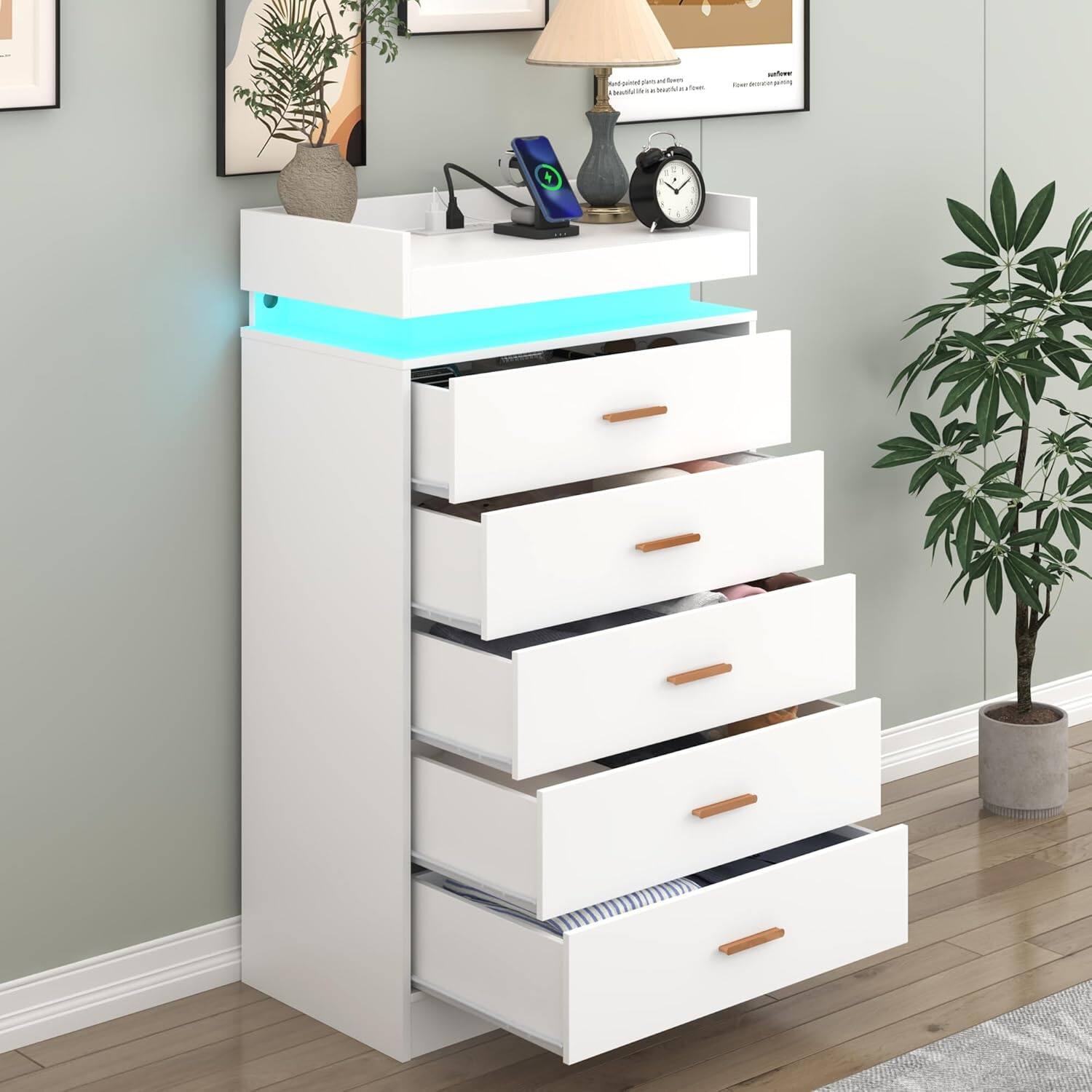 Angle. Espafurni - 5 - Drawer Dresser with LED Light & Charging Station - Modern Chest for Bedroom, Living Room, Entryway & Hallway - White.