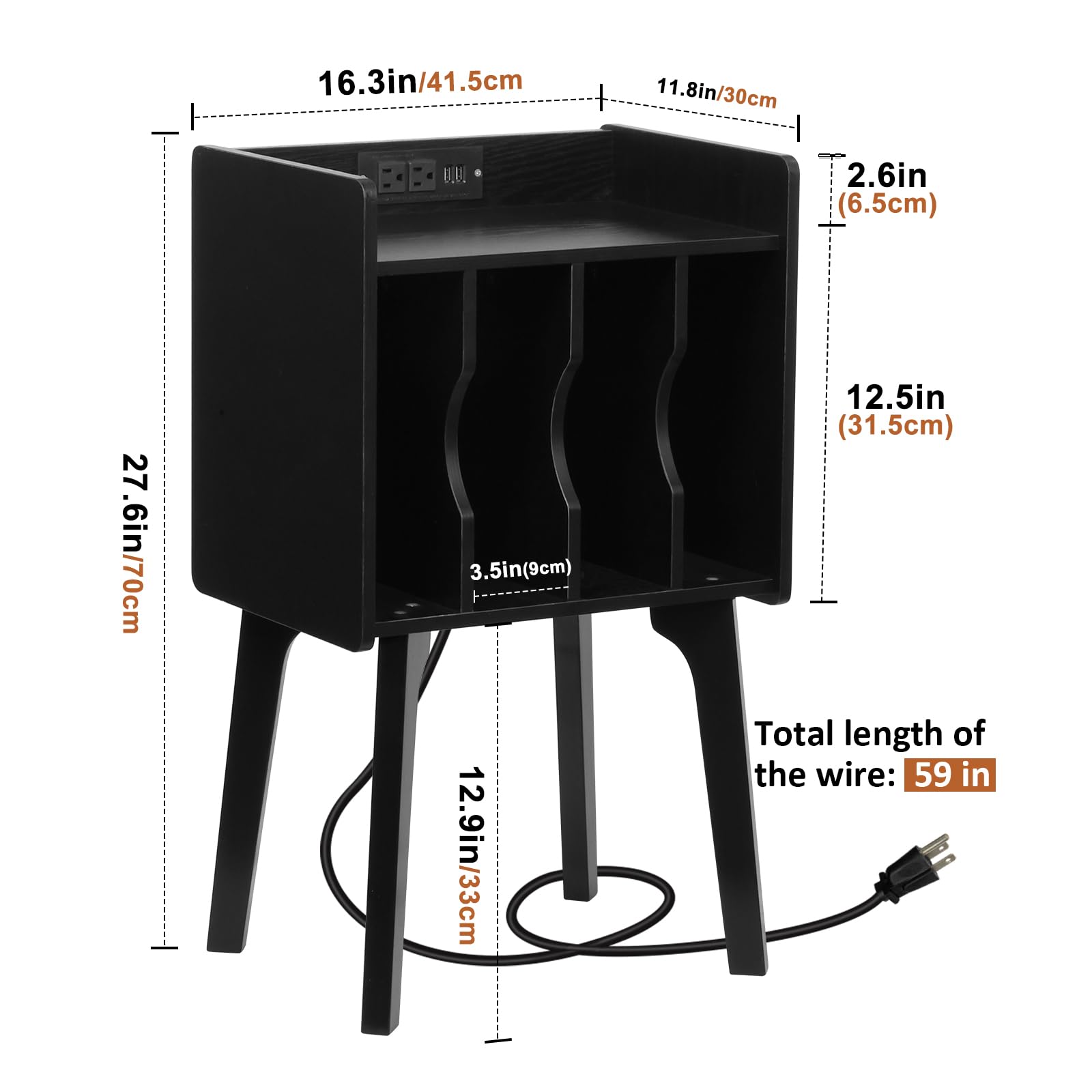 16.3in/41.5cm  
11.8in/30cm  
2.6in (6.5cm)  
27.6in/70cm  
3.5in (9cm)  
12.5in (31.5cm)  
12.9in/33cm  
Total length of the wire: 59 in