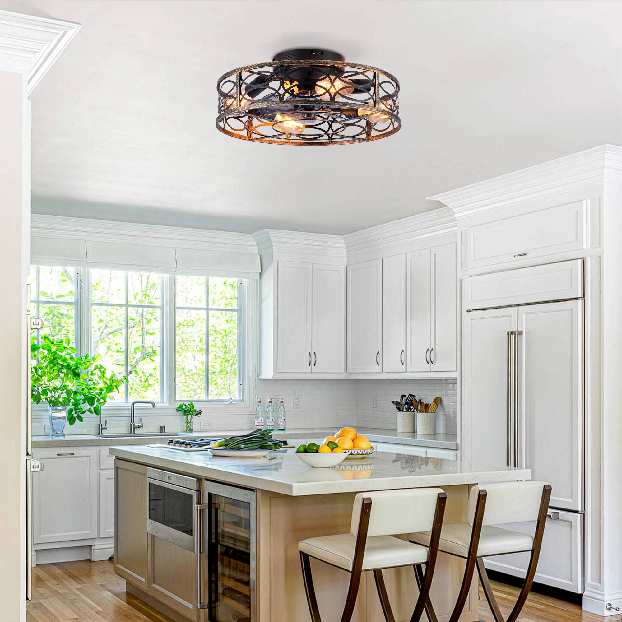 Back. GOODSILO - 20" Low Profile Caged Fan with Light & Remote, Farmhouse Flush Mount, 6-Speed Reversible (Bulbs Not Included) - Blush+Gold,Bronze.