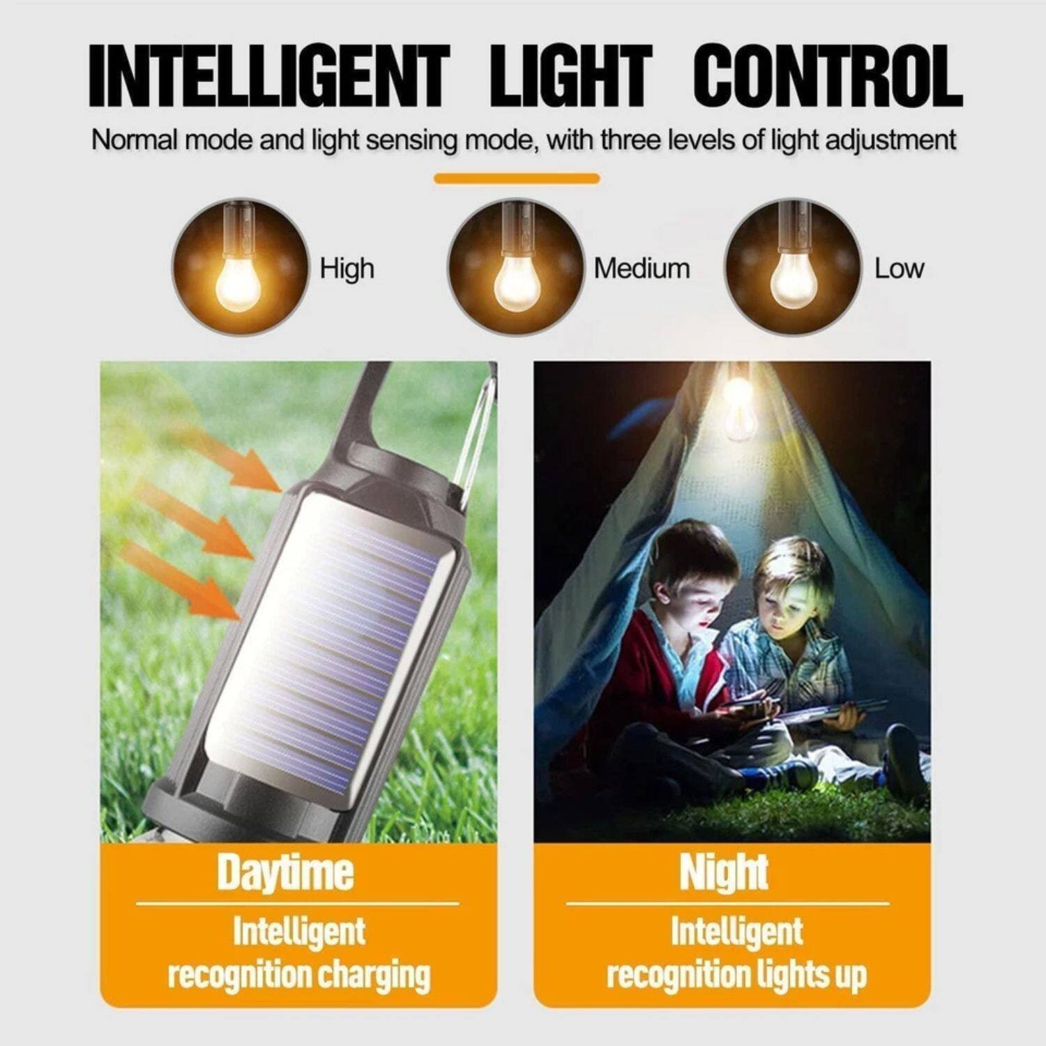 INTELLIGENT LIGHT CONTROL

Normal mode and light sensing mode, with three levels of light adjustment

High Medium Low

Daytime
Intelligent recognition charging

Night
Intelligent recognition lights up