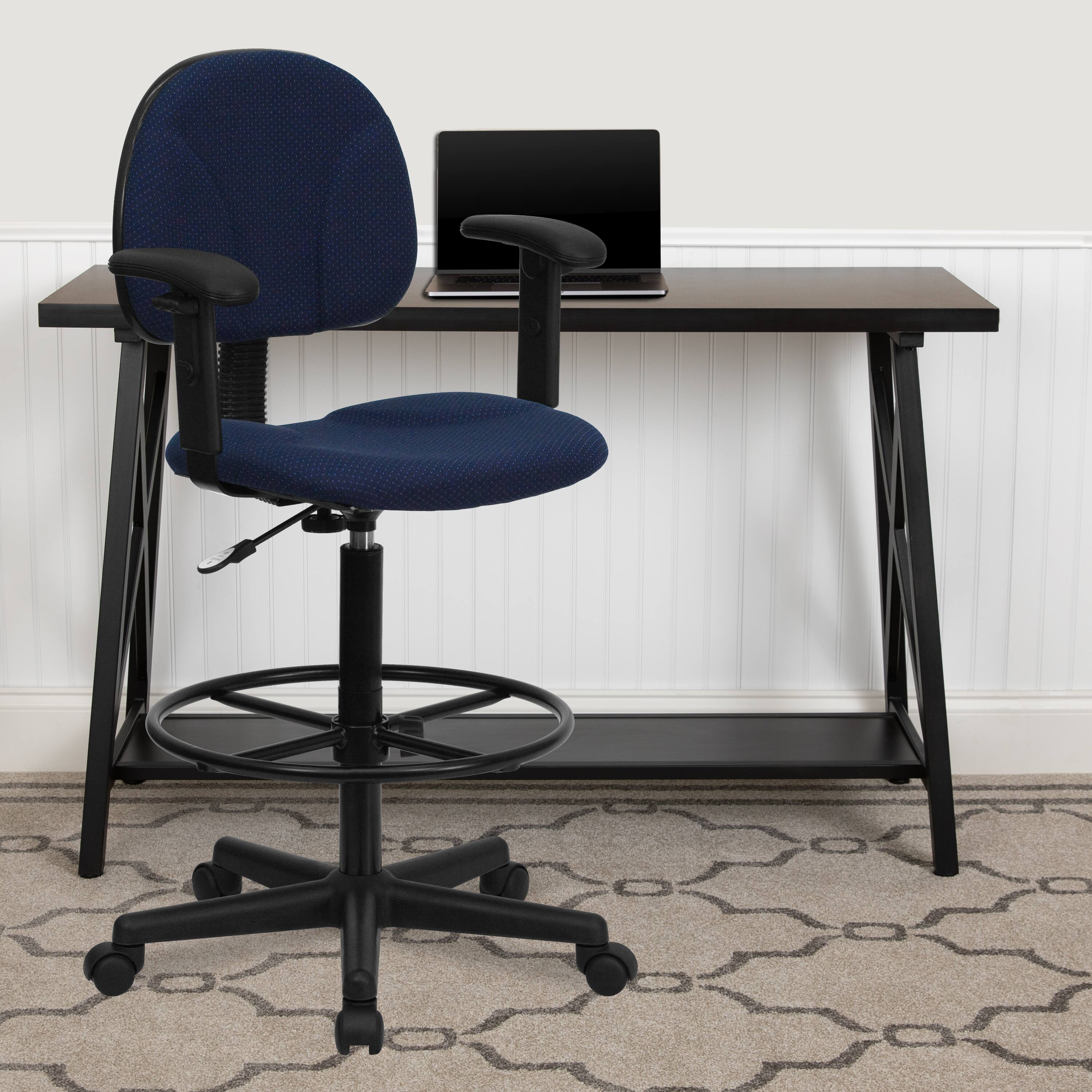 Alt View 1. Emma + Oliver - Two Cylinder Drafting Chair with Adjustable Arms - Navy Blue Patterned.
