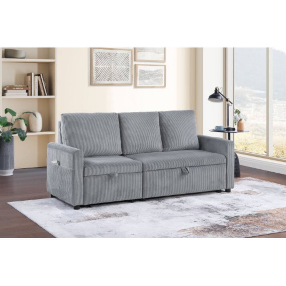 Angle. LUCKY ONE - 70" Gray Corduroy Sofa with Pull-Out Chaise, Underseat Storage, Side Pockets, Compact Size for Small Spaces - Gray.