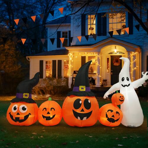 Front. Winado - Halloween Inflatable Ghost Pumpkin 8FT Length, Blow Up Decorations with Light for Holiday In/Outdoor Yard Party Garden - Orange & White.