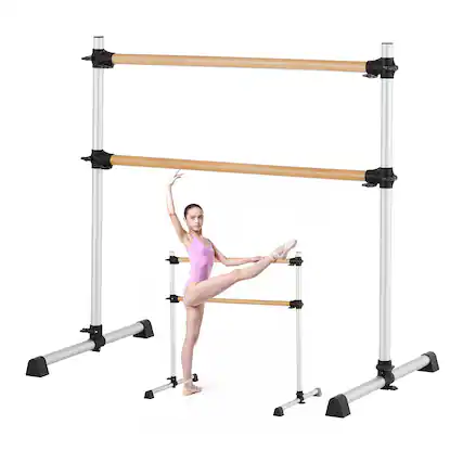 Front. VEVOR - Ballet Barre, 4 Ft Double Beechwood Barre Bar for Home, Freestanding Portable Ballet Stretching Dance Bars - Silver.