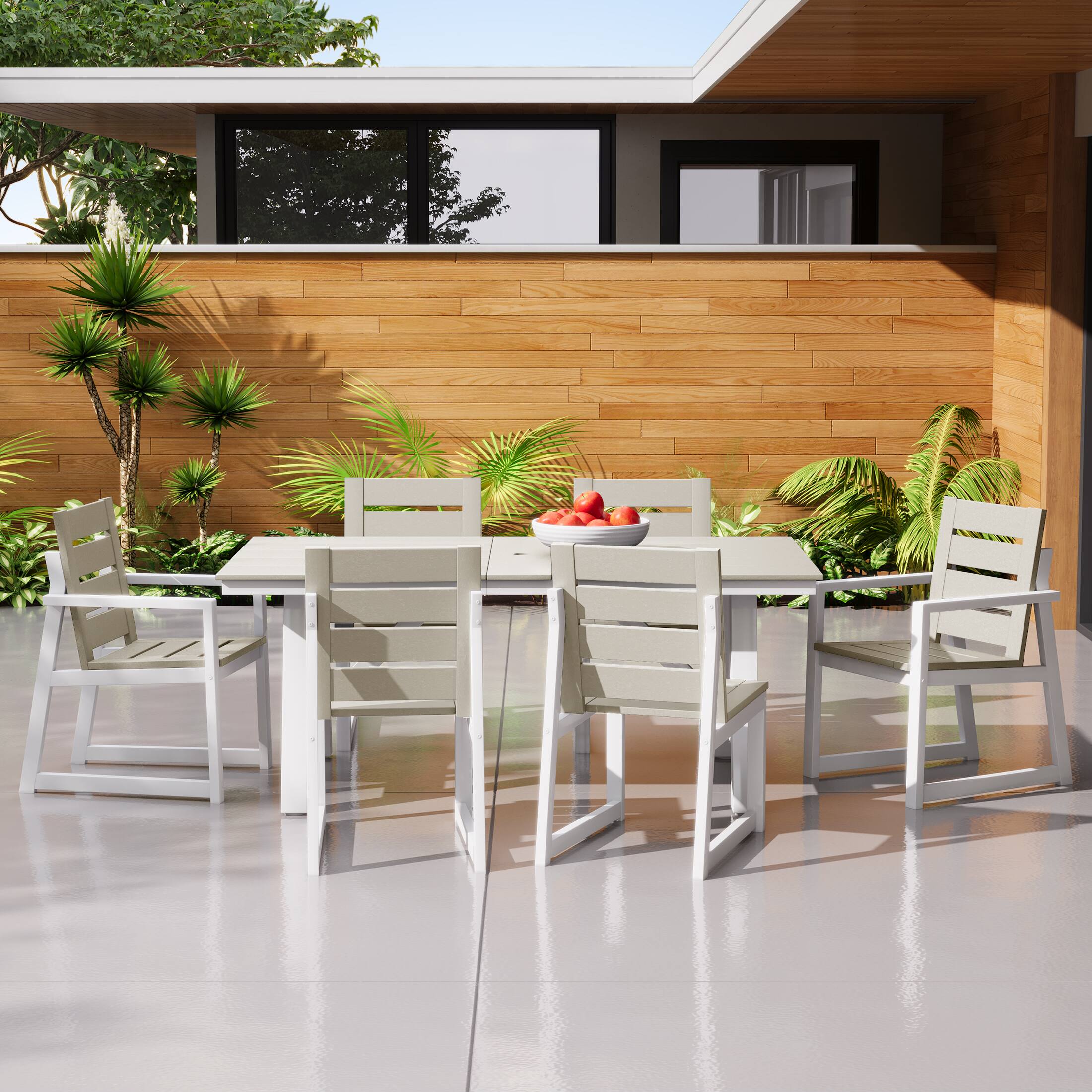 Angle. WestinTrends - WestinTrends Cape May 7-Piece HDPE Outdoor Furniture Patio Dining Table With Umbrella Hole and Chairs Set For 6 - Sand.