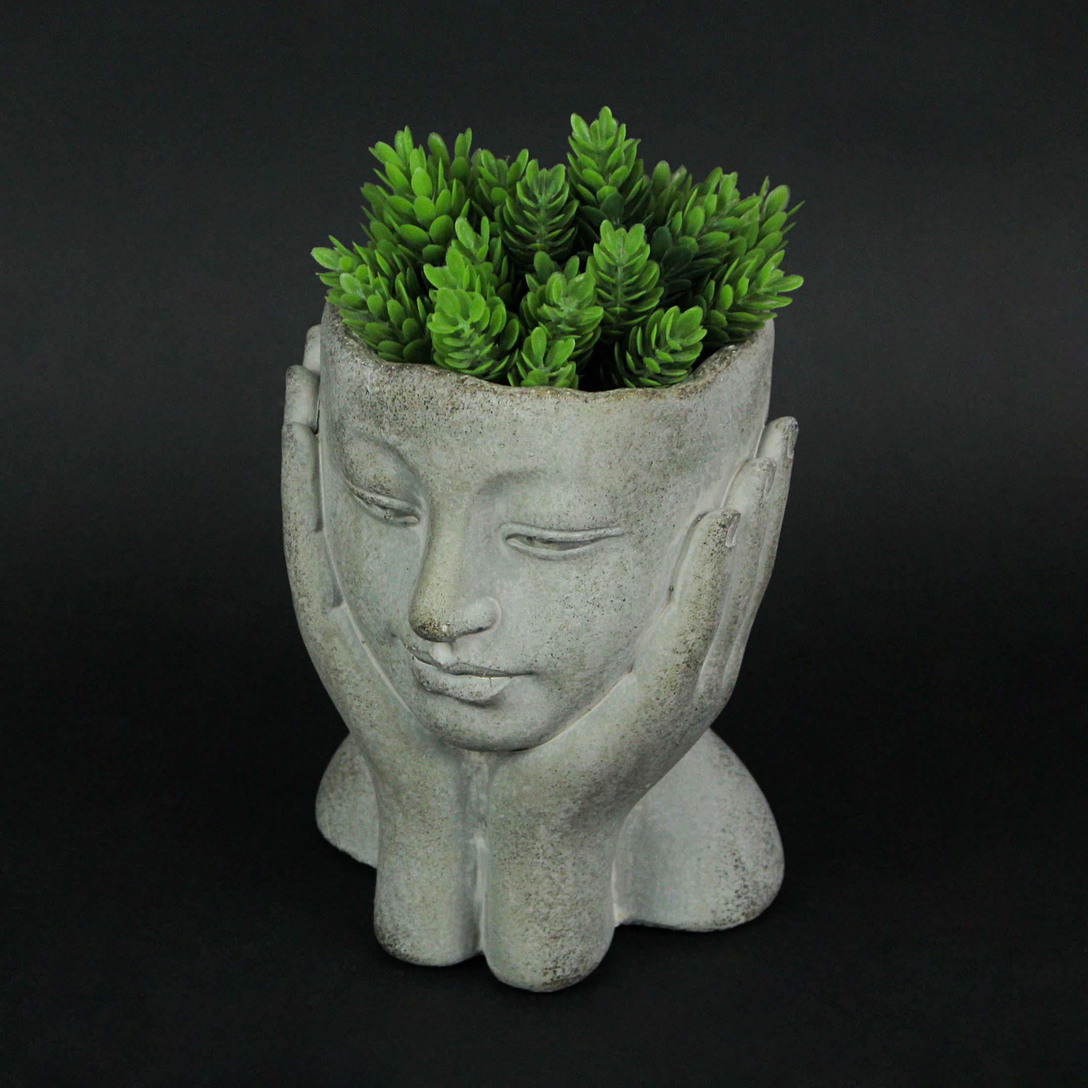 Alt View 1. Mayrich Company - Cement Head Lady Resting Face in Hands Decorative Flower Pot Home Decor Indoor/ Outdoor Planter - Grey.