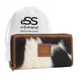 ESS - RFID Blocking Cowhide Leather Wallet, Zip Around Travel Wallet, Anti-Theft Credit Card Protection, 8 Card Slots - Black/White Combination