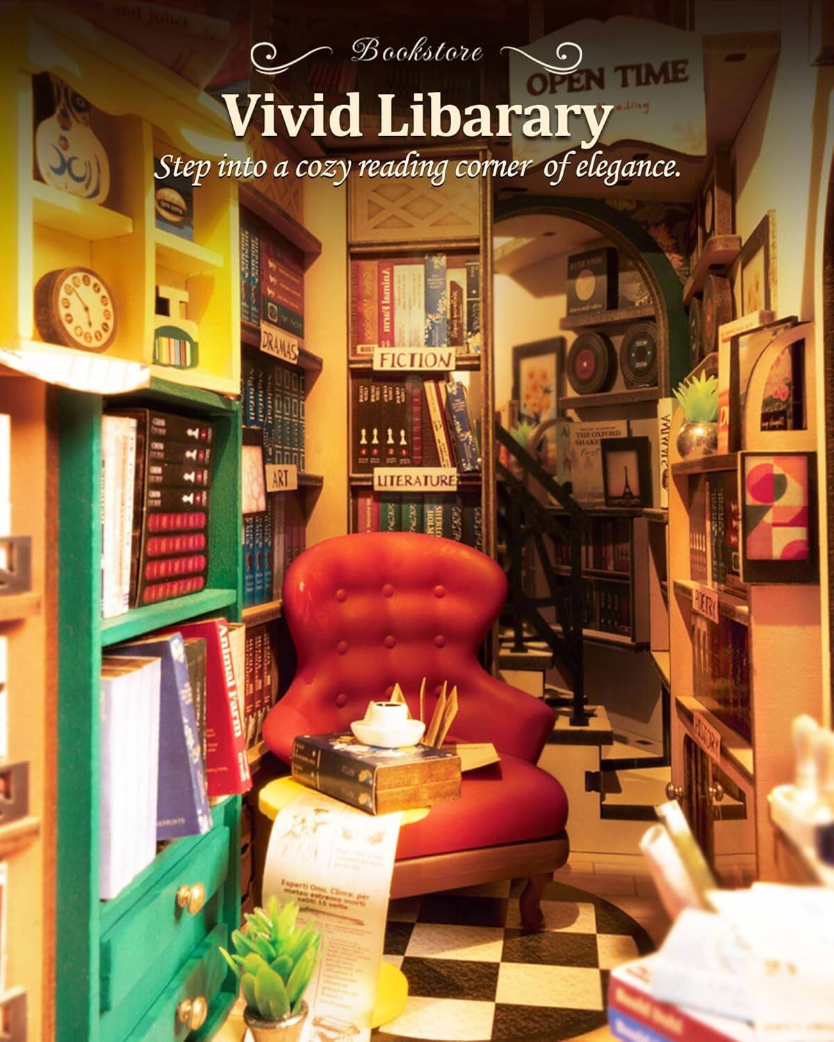 Bookstore  
OPEN TIME  
Vivid Library  
Step into a cozy reading corner of elegance.  

DRAMA  
FICTION  
LITERATURE  
ART  
ANIMAL  
PERCEPTION  
ESSENTIALS
