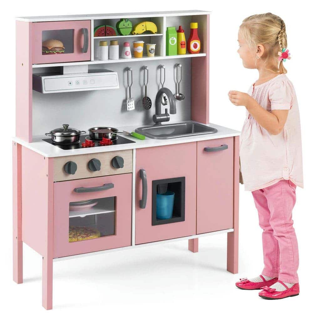 Resenkos - Wooden Pretend Play Kitchen Set for Toddlers - Kids Cooking Toy - White and Pink