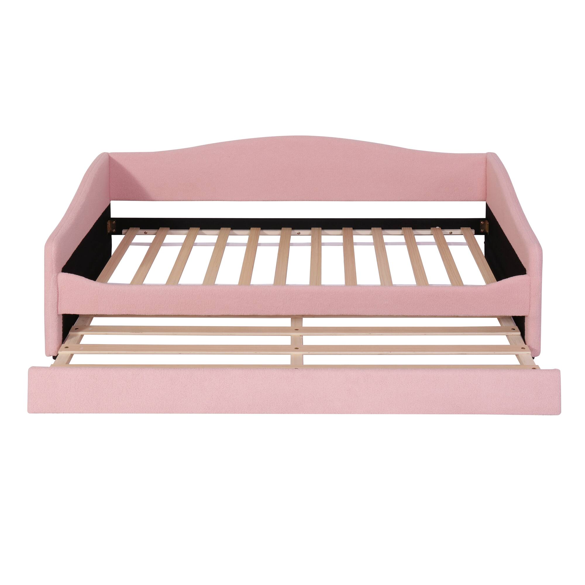 Back. Tiramisubest - Teddy Fleece Twin Size Upholstered Daybed with Light and Trundle, Pink - Pink.