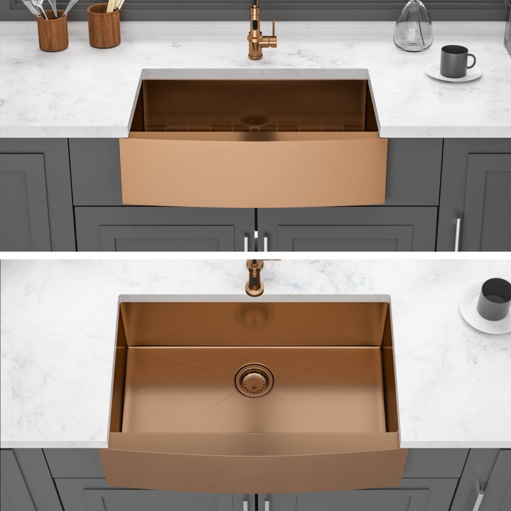 Back. JUJABU - 33 in. Rose Gold Stainless Steel Kitchen Sink 16 gauge Apron Front - Rose Gold.