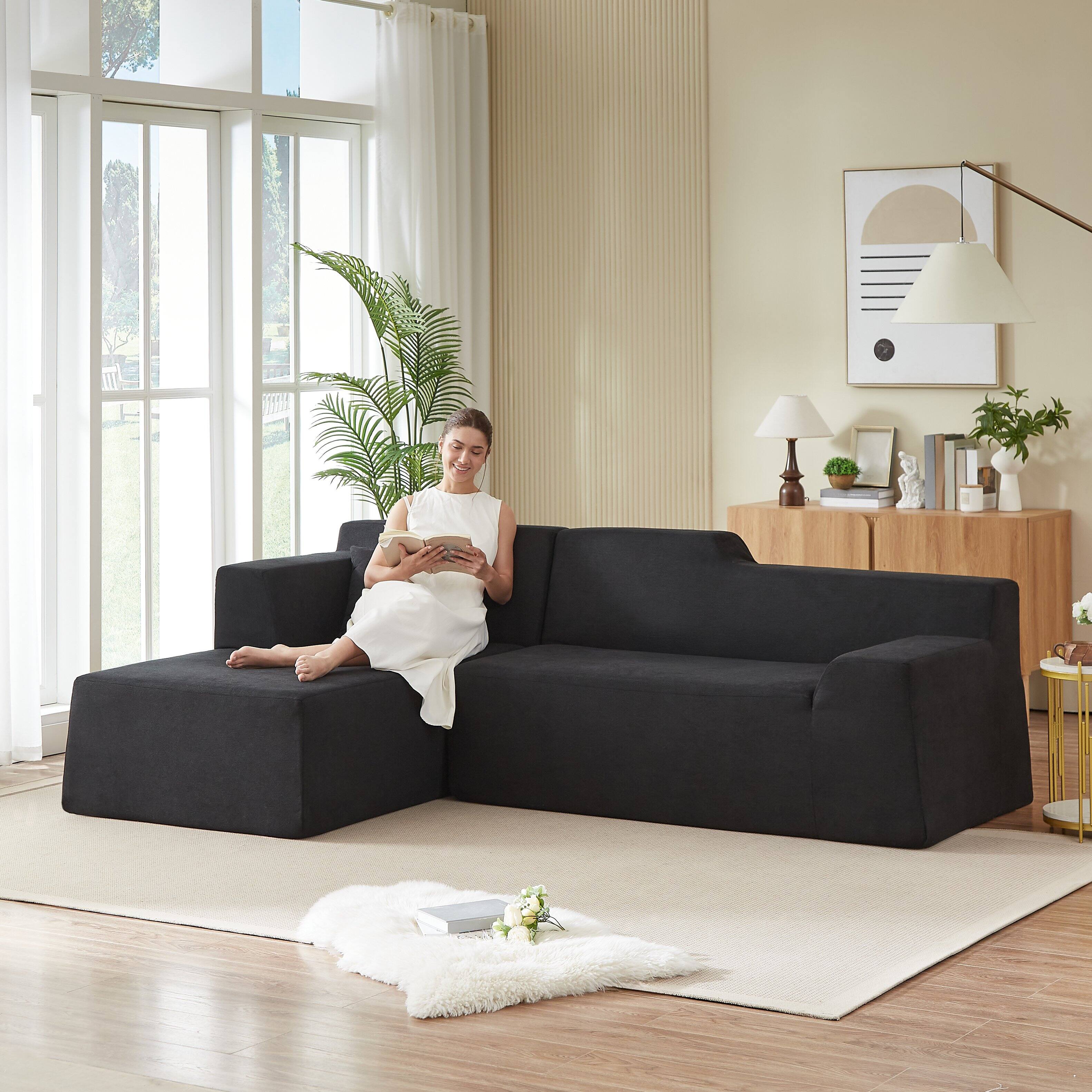 Back. Anysun - Anysun L-Shaped Design Left-Facing Modern Minimalist Corduroy High Raised Thickened Back Sofa - Black.