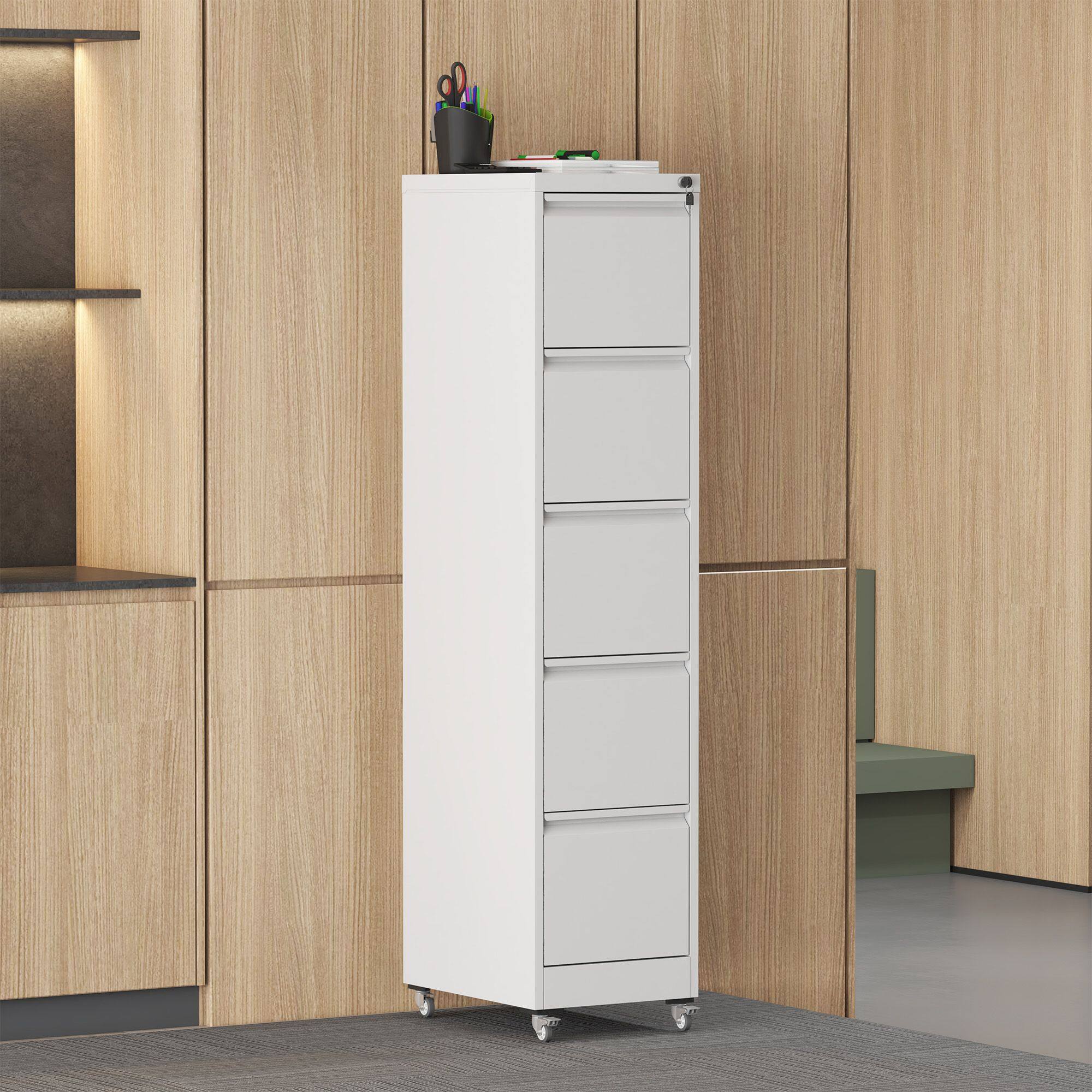 Angle. Mirfee - 5-Drawer Mobile File Cabinet on Wheels with Lock, for A4/Letter/Legal - White.
