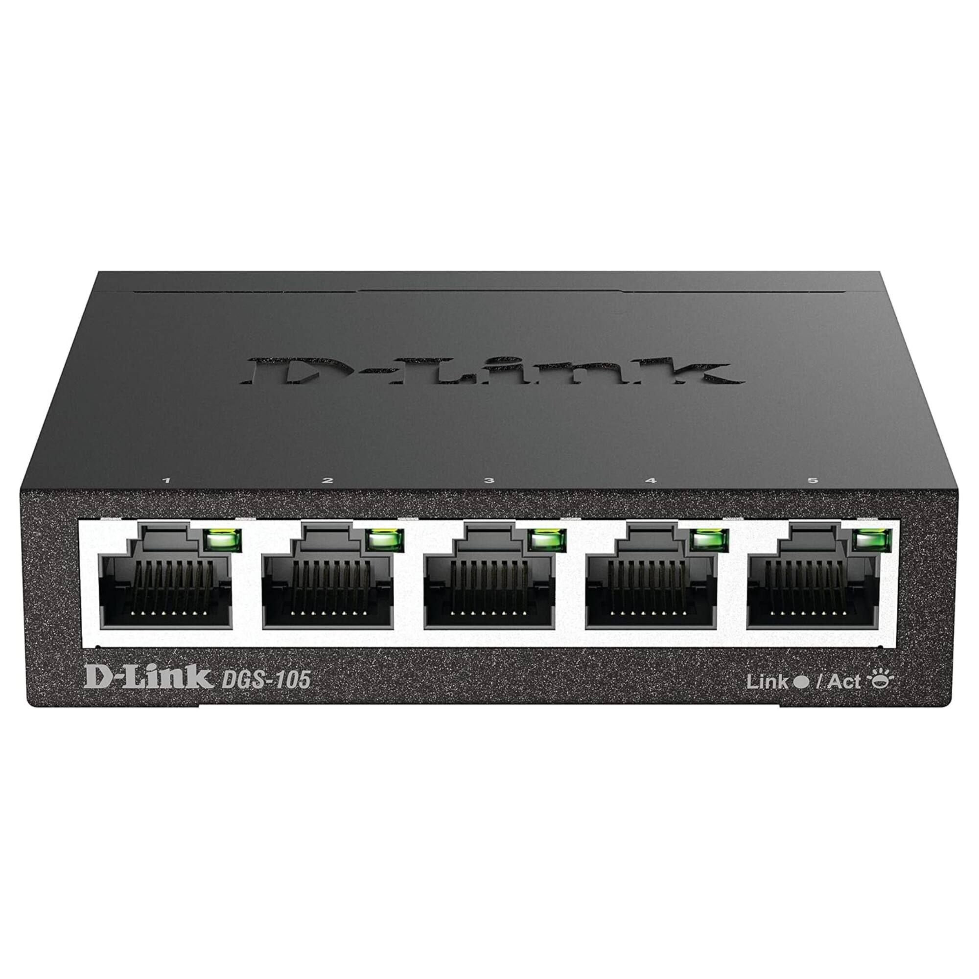 D-Link - 5-Port Gigabit Unmanaged Switch, Plug and Play Fanless Metal Compact Desktop Design (DGS-105) - Black